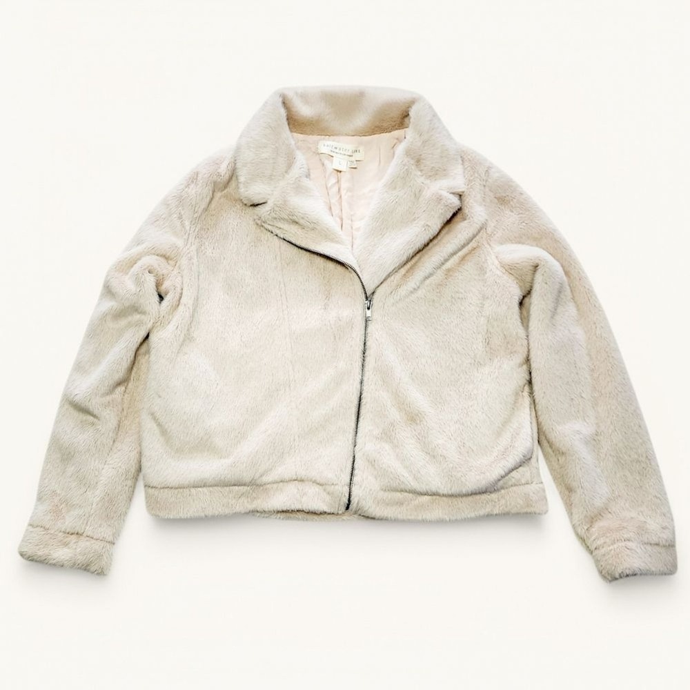 Saltwater Luxe Faux‎ Fur Moto Jacket Asymmetrical Zip Cream Large Glam Chic